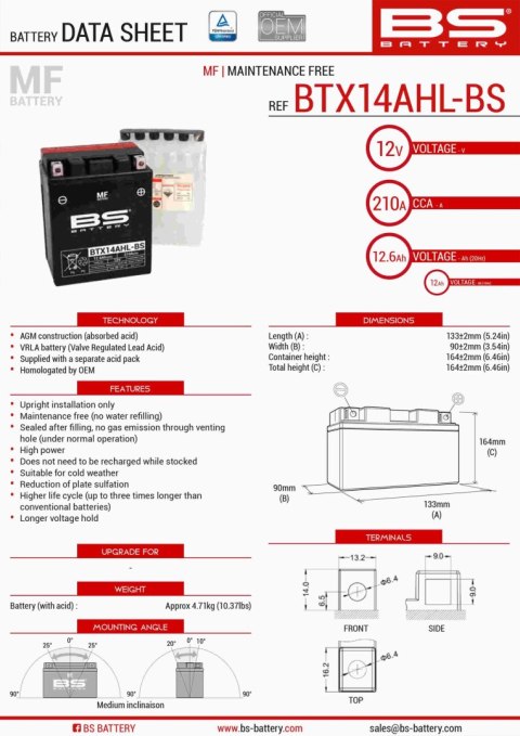 BS AKUMULATOR BTX14AHL-BS (YTX14AHL-BS) (133X90X164) 12V 12AH BEZOBSŁUGOWY - ELEKTROLIT OSOBNO (210A) 4 UE2019/1148