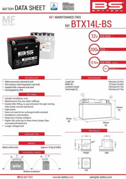 BS AKUMULATOR BTX14L-BS (YTX14L-BS) 150X87X145 BEZOBSŁUGOWY - ELEKTROLIT OSOBNO (4) UE2019/1148