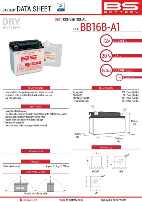 BS AKUMULATOR BB16B-A1 (YB16B-A1) 12V 16AH 160X90X161 OBSŁUGOWY - ELEKTROLIT OSOBNO (215A) (4) UE2019/1148