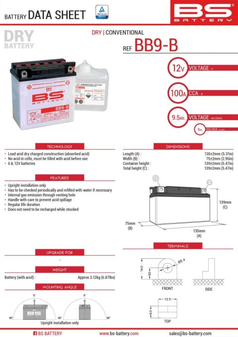 BS AKUMULATOR BB9-B (YB9-B) (12N9-4B-1) 12V 9AH 135X75X139 OBSŁUGOWY - ELEKTROLIT OSOBNO (115A) (6) UE2019/1148