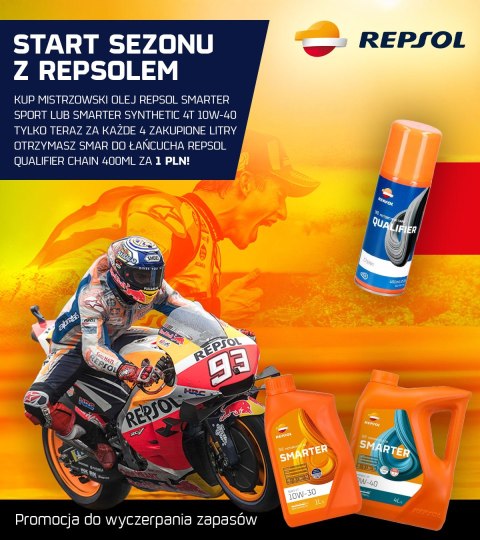 PROMOCJA REPSOL OLEJ SILNIKOWY 4T SMARTER SPORT 10W40 4L MA2 PÓŁSYNTETYCZNY + REPSOL SMAR DO ŁAŃCUCHA QUALIFIER CHAIN 400ML - 1S