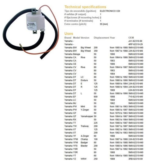 DZE CEWKA ZAPŁONOWA YAMAHA BW 200/350 '85-'88; DT 125 '88-'94; DT 50 '88-'90; TW 200 '87-'97; YFS 200 BLASTER '88-'96 (OEM 5M0-8