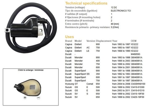DZE CEWKOMODUŁ CAGIVA ELEPHANT 750/900 '93-'97; DUCATI MONSTER 900 '93-'99; MONSTER 600/750 '94-'02; SUZUKI GS 500 '89-'11; SV 6