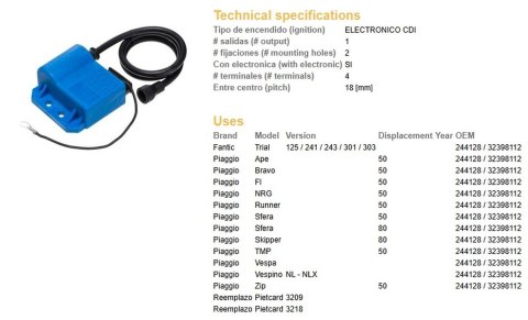 DZE CEWKOMODUŁ PIAGGIO BRAVO/NRG/RUNNER/SFERA/ZIP/FI/VESPA; FANTIC TRIAL 125/241/243/301/303 (OEM-32398112)