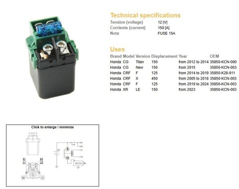 DZE PRZEKAŹNIK ROZRUSZNIKA HONDA CG 150 '12-'14; CRF 125 '14-'24; CRF 450X '05-'18 (OEM 35850-KCN-003)