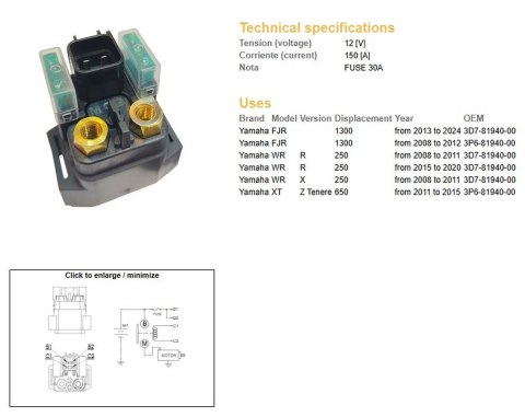 DZE PRZEKAŹNIK ROZRUSZNIKA YAMAHA WR 250R '08-'20; XTZ 660 TENERE '11-'15; FJR 1300 '08-'24 (12V/150A)