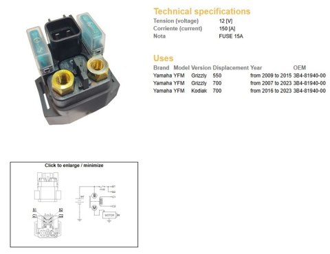 DZE PRZEKAŹNIK ROZRUSZNIKA YAMAHA YFM 550 GRIZZLY '09-'15; YFM 700 GRYZZLY '07-'23; YFM 700 KODIAK '16-'23 (12V/150A)