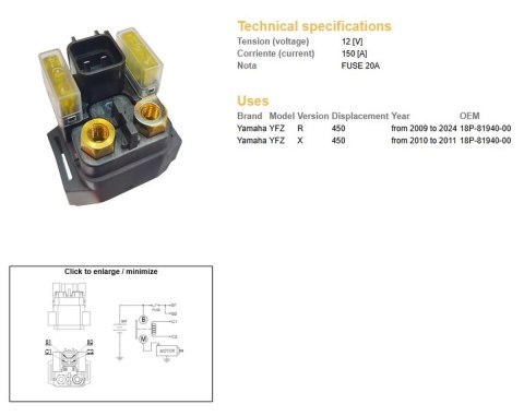 DZE PRZEKAŹNIK ROZRUSZNIKA YAMAHA YFZ 450R '09-'24; YFZ 450X '10-'11 (12V/150A)