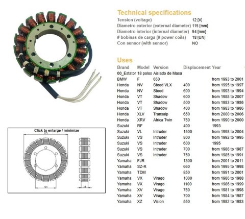DZE UZWOJENIE ALTERNATORA STATOR BMW 650F '93-'01; VT 500/600 '83-'07; XL 650V TRANSALP '00-'06; XRV 750 AFRICA TWIN '90-'00; SU