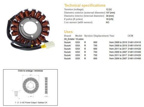 DZE UZWOJENIE ALTERNATORA STATOR SUZUKI GSX 600R '08-'17; GSX 750R '06-'17 (OEM 31401-01H20)