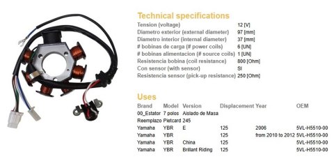 DZE UZWOJENIE ALTERNATORA STATOR YAMAHA YBR 125 '06-'12 (OEM 5VL-H5510-00)