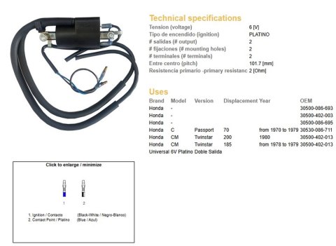 DZE CEWKA ZAPŁONOWA HONDA C 70 PASSPORT '70-'79; CM 200 TWINSTAR '80; CM 185 TWINSTAR '78-'79 (OEM 30530-086-711;30500-402-013) DZE ELEKTRYKA