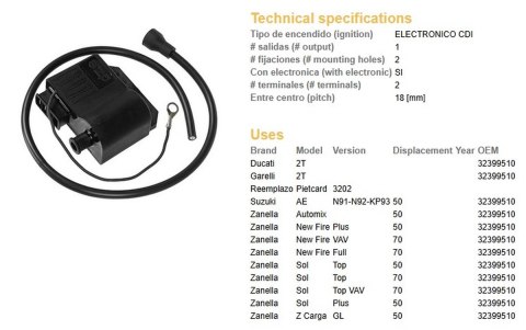 DZE CEWKOMODUŁ DUCATI 2T; GARELLI 2T; SUZUKI AE; ZANELLA 50/70 (WSZYTKIE ROCZNIKI) (OEM 32399510) DZE ELEKTRYKA