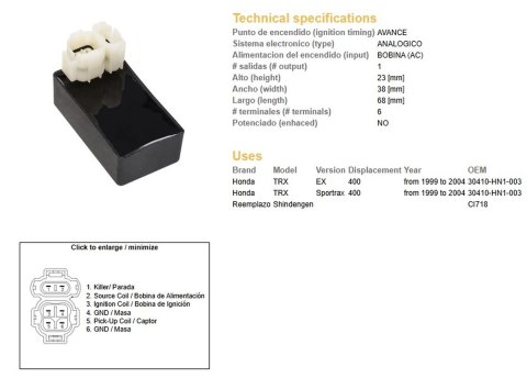 DZE MODUŁ ZAPŁONU CDI HONDA TRX 400EX '99-'04; TRX 400 SPORTRAX '99-'04 (STANDARD) (OEM-30410-HN1-003) DZE ELEKTRYKA