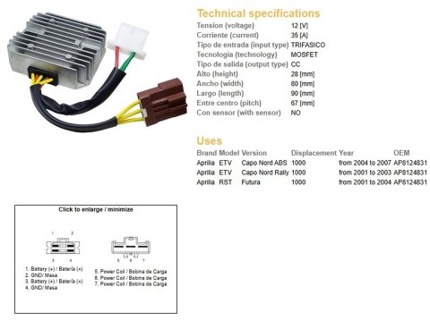 DZE REGULATOR NAPIĘCIA APRILIA ETV 1000 CAPO NORD '01-'07; RST 1000 FUTURA '01-'04 (OEM AP8124831) MOSFET (35A) DZE ELEKTRYKA