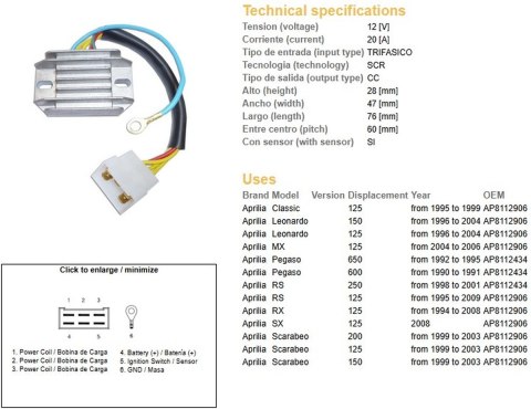 DZE REGULATOR NAPIĘCIA APRILIA PEGASO 600/650 '90-'95; RS 125/250 '95-'09; RX 125 '94-'08; LEONARDO; SCARABEO (ESR087) DZE ELEKTRYKA