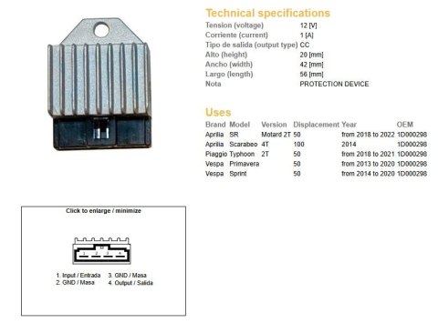 DZE REGULATOR NAPIECIA APRILIA SR 50 '18-'22; 50 TYPHON '13-'20; 100 TYPHON '14-; VESPA DZE ELEKTRYKA