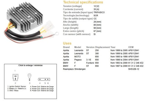 DZE REGULATOR NAPIĘCIA BMW F 650F/ST '93-'00; APRILIA 650 PEGASO '96-04; LEONARDO 250/300ST '99-'05 (SH532B-12) (61312346432, AP DZE ELEKTRYKA