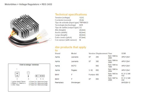 DZE REGULATOR NAPIĘCIA BMW F 650F/ST '93-'00; APRILIA 650 PEGASO '96-04; LEONARDO 250/300ST '99-'05 (SH532B-12) (61312346432, AP DZE ELEKTRYKA