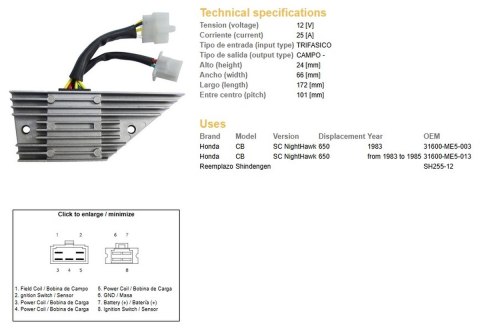 DZE REGULATOR NAPIĘCIA HONDA CB 650SC NIGHTHAWK '83-'85 (31600-ME5-003) (SH255-12) DZE ELEKTRYKA