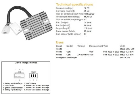DZE REGULATOR NAPIĘCIA HONDA CBR1100XX '99-'00 (31600-MAT-E01) (SH579C-12) (ESR684) DZE ELEKTRYKA