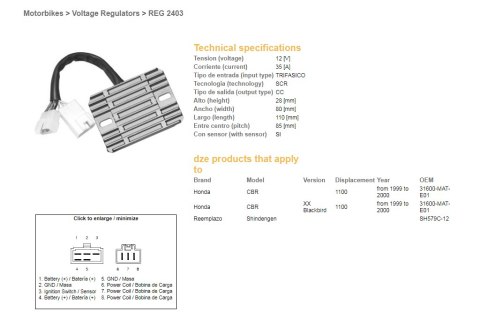 DZE REGULATOR NAPIĘCIA HONDA CBR1100XX '99-'00 (31600-MAT-E01) (SH579C-12) (ESR684) DZE ELEKTRYKA