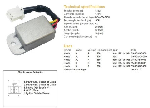 DZE REGULATOR NAPIĘCIA HONDA XL 200R '83-'84; XL 250R '84-'87; XL 350R '84-'85; XL 500 '82; XL 600 '83-'87 (ESR670) DZE ELEKTRYKA