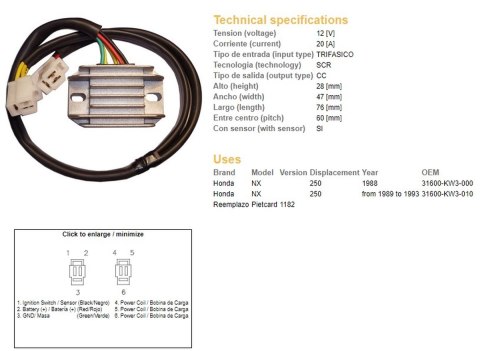 DZE REGULATOR NAPIĘCIA HONDA NX 250 '88-'93 (31600-KW3-000, 31600-KW3-010) DZE ELEKTRYKA