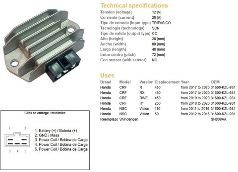 DZE REGULATOR NAPIĘCIA HONDA NSC 50 VISION '12-'15; NSC 110 VISION '11-'16; CRF 250R '18-'20; CRF 450R '17-'20 (OEM 31600-KZL-93 DZE ELEKTRYKA