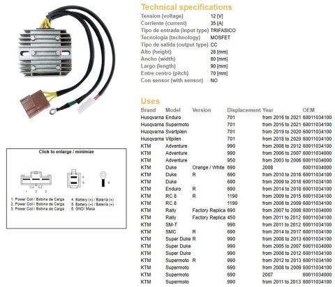 DZE REGULATOR NAPIĘCIA HUSQVARNA 701 '16-'21; KTM ADV 950/990 '03-'12; DUKE 690 '08-'18; SUPER DUKE 990 '08-'13; SM 690 '07-'09  DZE ELEKTRYKA