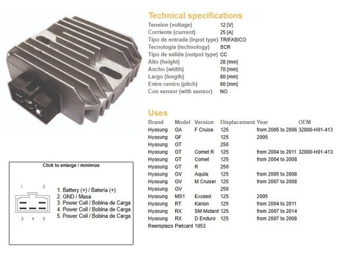 DZE REGULATOR NAPIĘCIA HYOSUNG GA/GF/GT/GV/RX 125 '04-'11 (32800-H01-413) (12V/25A) DZE ELEKTRYKA