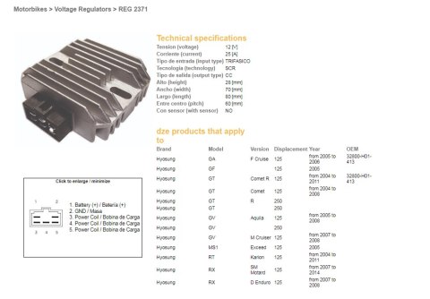 DZE REGULATOR NAPIĘCIA HYOSUNG GA/GF/GT/GV/RX 125 '04-'11 (32800-H01-413) (12V/25A) DZE ELEKTRYKA