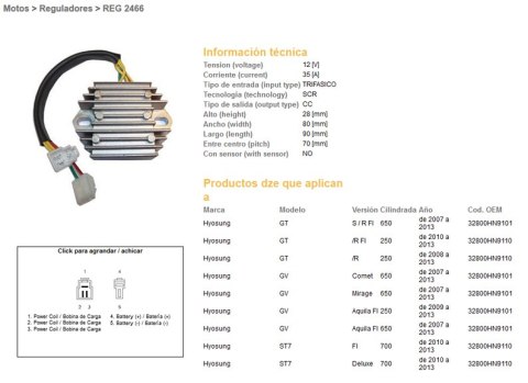 DZE REGULATOR NAPIĘCIA HYOSUNG GT 250R '08-'13; GT 650S/R '08-'13; GV 250 '09-'13; GV 650 '07-'13; MS3 125/250; ST7 700 '10-'13; DZE ELEKTRYKA