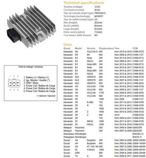 DZE REGULATOR NAPIĘCIA KAWASAKI EX 300/650 NINJA '06-'17; KLE 650 VERSYS '07-'16; VN 900/1700 '06-'19; ZR 750/800/1000 '04-'16;  DZE ELEKTRYKA