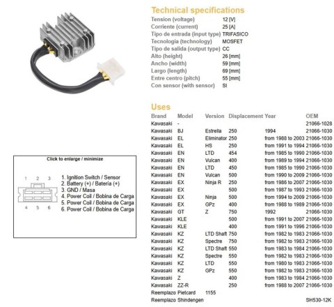 DZE REGULATOR NAPIĘCIA KAWASAKI EL/EN/EX/GPZ/KZ/Z (SH530-12) (21066-1030) (SH530-12K,ESR140) DZE ELEKTRYKA