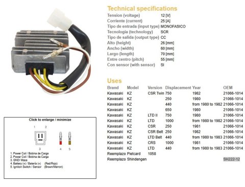 DZE REGULATOR NAPIĘCIA KAWASAKI KZ 250 '80; KZ 440LTD '80-'83; KZ 650/750 '80; KZ 1000LTD '80-'83 (SH222-12) DZE ELEKTRYKA