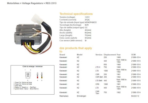 DZE REGULATOR NAPIĘCIA KAWASAKI KZ 250 '80; KZ 440LTD '80-'83; KZ 650/750 '80; KZ 1000LTD '80-'83 (SH222-12) DZE ELEKTRYKA
