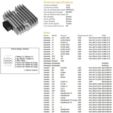 DZE REGULATOR NAPIĘCIA KAWASAKI STX 1200 '03-'07; STX 1500 '07-'19; YAMAHA ELT/ER/EX/FAT/FX/FZ/GP/JD 1000/1050/1100 DZE ELEKTRYKA