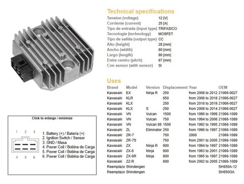 DZE REGULATOR NAPIĘCIA KAWASAKI VN 750 '94-'06; VN 1500 '96-'99; ZX 6 '93-'01; ZX-6R '95-'97; ZR-7 (RGU-404,ESR260) (21066-1089, DZE ELEKTRYKA