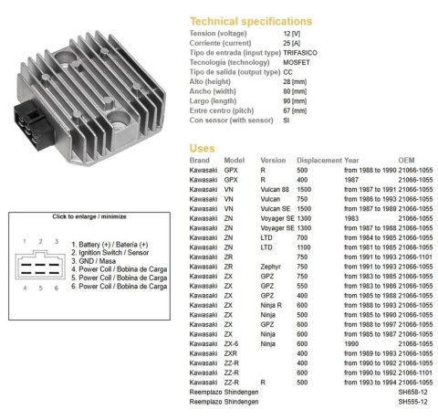 DZE REGULATOR NAPIĘCIA KAWASAKI VN 750/1500; ZN 700/1100; ZR 750 '91-'93; ZX 400/550/600; ZZ-R 400/500/600 (RGU-403, ESR260) (21 DZE ELEKTRYKA