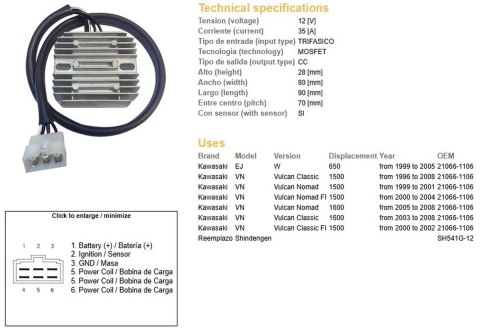 DZE REGULATOR NAPIĘCIA KAWASAKI W 650 '99-'05; VN 1500 VULCAN '96-'08; VN 1600 '00-'08 (21066-1106) (ESR264) (SH541G-12) DZE ELEKTRYKA