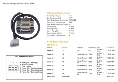 DZE REGULATOR NAPIĘCIA KAWASAKI W 650 '99-'05; VN 1500 VULCAN '96-'08; VN 1600 '00-'08 (21066-1106) (ESR264) (SH541G-12) DZE ELEKTRYKA
