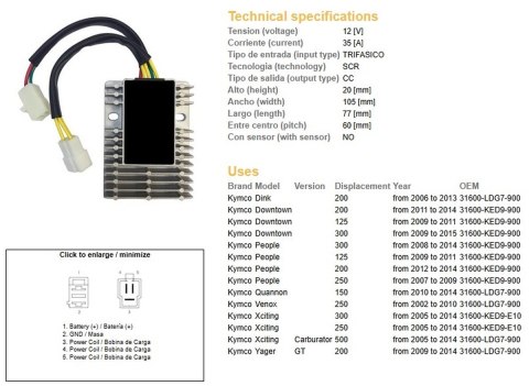 DZE REGULATOR NAPIĘCIA KYMCO XCTING 250/500 '06-'11; DINK 200 '06-'13; PEOPLE 125/200/250 '07-'14 (ESR921) DZE ELEKTRYKA