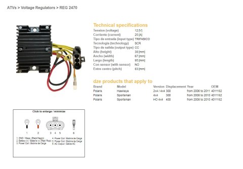 DZE REGULATOR NAPIĘCIA POLARIS SPORTSMAN 300/400 '08-'10; HAWKAYE 300 '06-'11 (4011182) DZE ELEKTRYKA