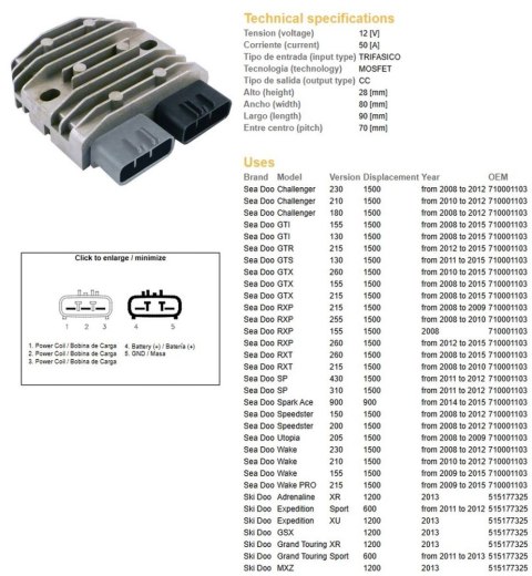 DZE REGULATOR NAPIĘCIA SEA DOO CHALLENGER/GTI/RXP/WAKE 1500 '08-'12; GRAND TOURING 600/1200 '11-'13 (OEM 710001103) (50A) DZE ELEKTRYKA