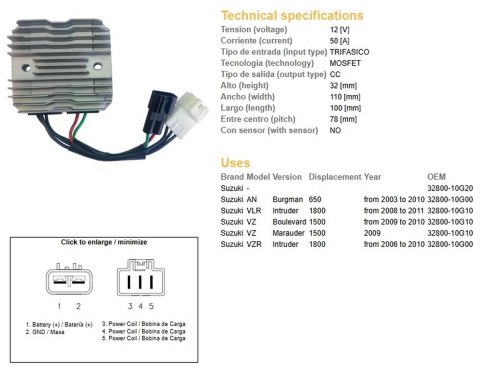 DZE REGULATOR NAPIĘCIA SUZUKI AN 650 BURGMAN '03-'10; VZ 1500 MARAUDER '09; VZ 1500 BOULEVARD '09-'10; VLR 1800 INTRUDER '06-'11 DZE ELEKTRYKA