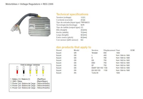 DZE REGULATOR NAPIĘCIA SUZUKI GS 450L '84-'88; GS 700E '85-'86; GS 750ES/EF/ESD '83-'85; GS 1100ES/EF '84-'86; GR 650 TEMPTER '8 DZE ELEKTRYKA