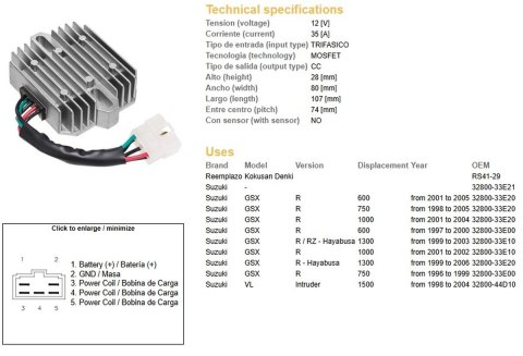 DZE REGULATOR NAPIĘCIA SUZUKI GSX 600R '01-'05; GSX 750R '96-'05; GSX 1000R '01-'04; GSX 1300R HAYABUSA '97-'03; VL 1500 INTRUDE DZE ELEKTRYKA
