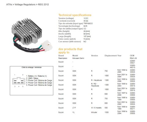 DZE REGULATOR NAPIĘCIA SUZUKI GSX 600R '01-'05; GSX 750R '96-'05; GSX 1000R '01-'04; GSX 1300R HAYABUSA '97-'03; VL 1500 INTRUDE DZE ELEKTRYKA