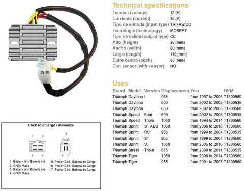 DZE REGULATOR NAPIĘCIA TRIUMPH DAYTONA 600/650 '02-'05; DAYTONA 955I '97-'06; SPRINT 955RS/ST '99-'04; SPRINT 1050 '06-'14; STRE DZE ELEKTRYKA